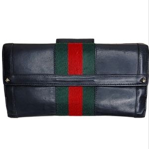 Gucci Navy Blue Leather Clutch with Red and Green Stripe